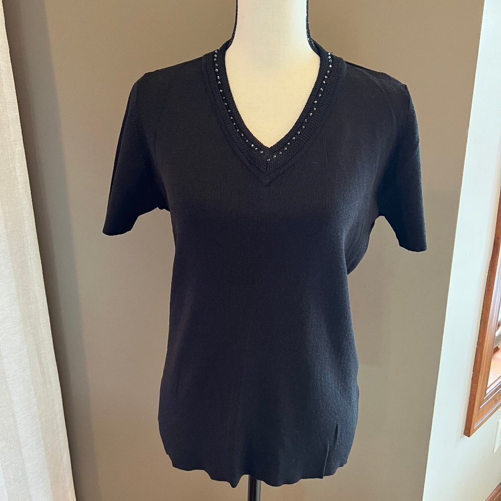 Sag Harbor Women's Beaded V-neck Black Sweater, Size Small